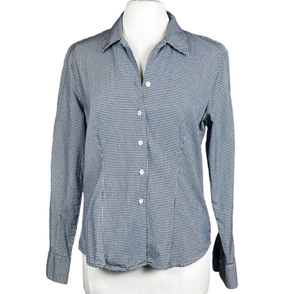 GAP LADIES Fitted Casual Button Front Shirt Blouse Blue Micro Houndstooth Print - Picture 1 of 5
